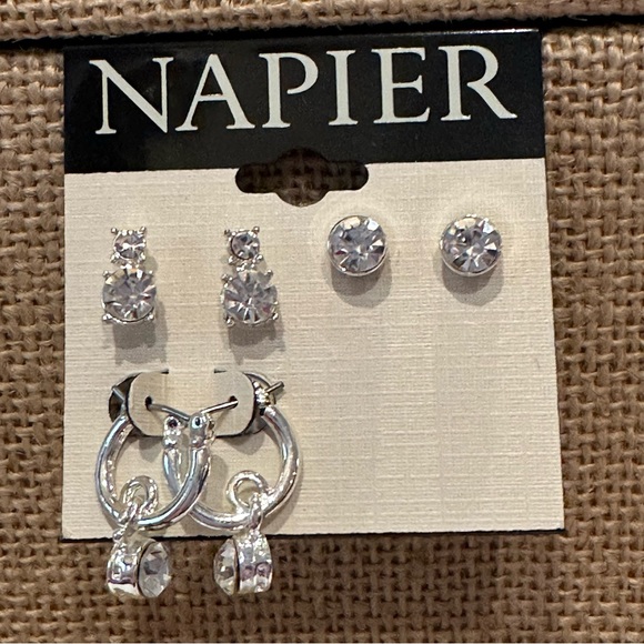 NWT Napier Earrings- set of 3 pairs- silver tone, clear rhinestones, huggie hoop - Picture 2 of 6